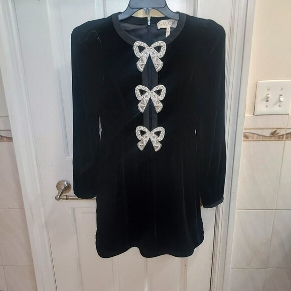 Saloni Black Camille Velvet Embellished Pearl Bow Mini Dress - Picture 2 of 10